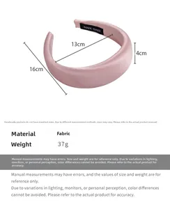 Detailed view of pink satin padded headband with dimensions 16cm width and 4cm thickness