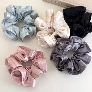French Elegant Artificial Pearl Satin Scrunchie Large Ruffled Flower Bud Elastic Hair Tie For Women Stylish Hair Accessories