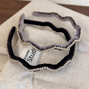 Vintage Wavy Velvet Headband With Faux Artificial Pearl Elegant French Padded Hair Hoop For Women Daily Chic Hair Accessories