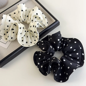 French style satin polka dot scrunchies with elegant ruffles in black and white colors