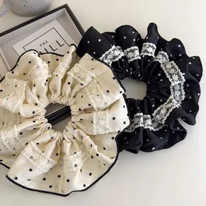 French Style Polka Dot Satin Scrunchies With White Lace Trim Large Elastic Hair Ties Sweet Vintage Hair Bands For Women Accessories