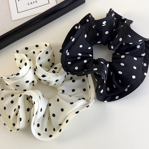 Satin polka dot ruffle hair scrunchies in black and white set for elegant styling