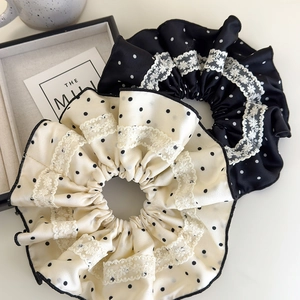 French vintage large polka dot satin scrunchies with white lace embroidery detail