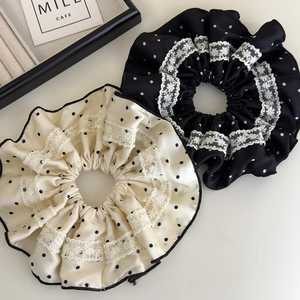 French vintage black and white polka dot satin hair scrunchies with lace trim edges