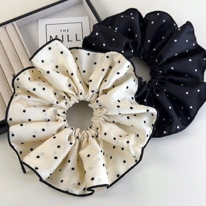 French vintage black and white polka dot satin hair scrunchies with elegant lace trim