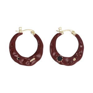 French vintage burgundy enamel hoop earrings with gold plating and black zircon