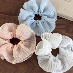 Chouchous Larges en Seersucker Double Couche Style Coréen Pour Femmes Support de Queue de Cheval Doux Texture Grille Accessoires Cheveux