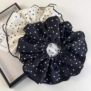 Oversized double-layer polka dot scrunchie set in black and white chiffon with wavy edges