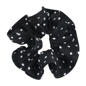 French style black satin scrunchie with white polka dots and elastic ruffle detail