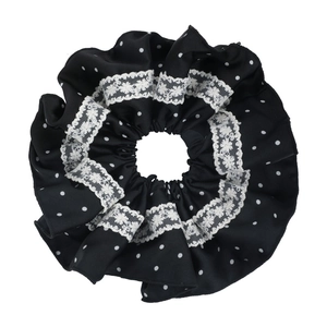 Vintage French black and white polka dot satin scrunchie with white floral lace trim
