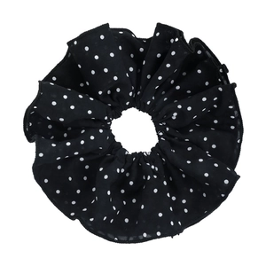 Oversized double-layer black and white polka dot scrunchie with soft chiffon texture