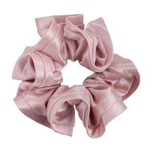 Elegant pale pink satin scrunchie with French ruffled pleats on a clean white background