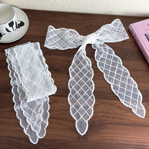 Close-up of white lace hair ribbon featuring delicate floral embroidery and mesh texture