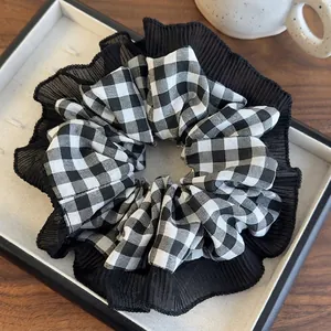 French Vintage Gingham Scrunchie With Pleated Mesh Edge Elegant Black White Checkered Elastic Hair Tie Accessory For Women