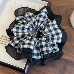 Classic black and white gingham scrunchie with layered black chiffon ruffle trim decor