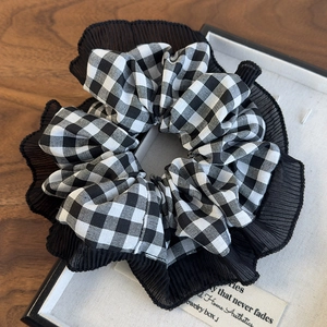 Retro black and white checkered scrunchie with pleated mesh lace trim in jewelry box