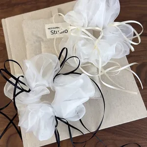 French Style Elegant Mesh Scrunchies With Long Ribbon Bow White And Black Bow Hair Ties Atmospheric Hair Accessories For Women