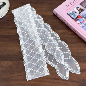 Close-up of white lace ribbon with diamond mesh pattern and delicate wavy scalloped edges