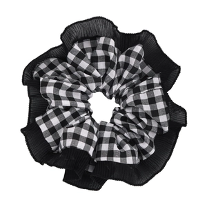 Classic black and white checkered scrunchie with layered organza lace edge for women