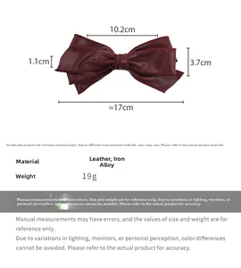 Spécifications de taille et détails du matériau pour pince à cheveux nœud en cuir