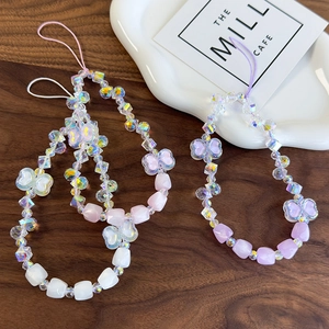 Luxurious handmade beaded phone wrist strap with rhinestone butterflies and aurora beads