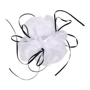 Elegant white organza scrunchie with long black ribbons ballet style hair accessory