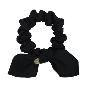 Elegant black satin bow scrunchie with gold metal plate featuring WITH LOVE engraving