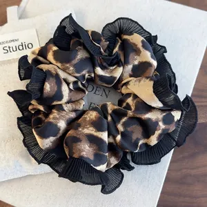 Leopard Print Large Hair Scrunchie With Black Lace Edge Vintage Chiffon Elastic Hair Band Fashion Headwear For Women