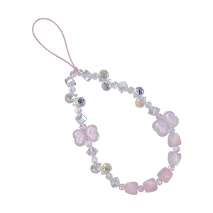 Luxury pink beaded phone wrist strap with heart-shaped beads and iridescent crystals