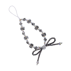 Elegant crystal beaded phone strap with grey bow charm and sparkling metallic beads