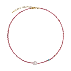 Handmade necklace with pink garnet beads, central freshwater pearl and gold lobster clasp