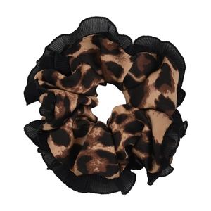 Retro leopard print scrunchie with black lace chiffon edge on a clean white background