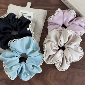 Satin scrunchies set with lace trim and pearls in black lavender blue and beige