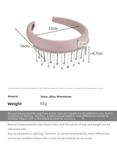 Detail view of pink fabric headband featuring rhinestone tassels and elegant dimensions