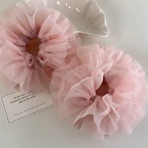 Sweet Pink Mesh Ruffle Oversize Scrunchie Princess Style Lace Fairy Ponytail Holder Fashion Hair Accessory For Women Jewelry