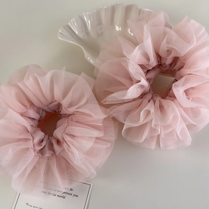 Pink layered tulle scrunchie set with pleated floral design for women ballet style