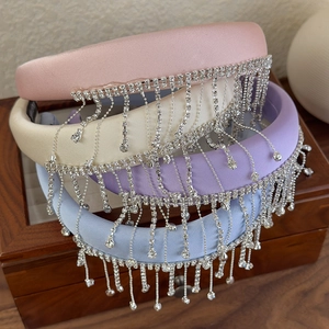 Fashion Padded Satin Headband With Rhinestone Tassel Fringe Elegant Hair Hoop For Women Party Styling Hair Accessories
