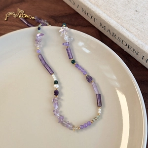 Handmade Purple Amethyst Beaded Necklace With Artificial Pearl And Metal Spacers Vintage Bohemian Clavicle Chain Jewelry For Women