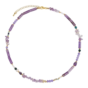 Deep purple beaded stone necklace with amethyst and pearls on a white background