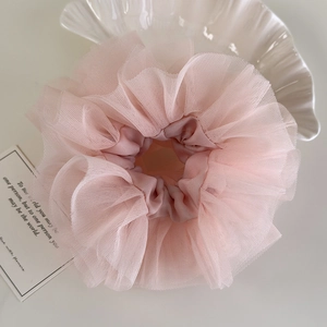 Handmade pink ruffled lace scrunchie in light mesh for sweet balletcore hairstyles