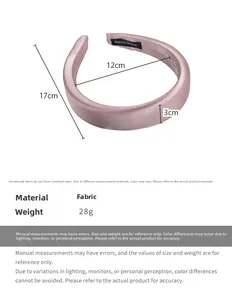 Detailed view of pink satin padded headband with size markings showing 3cm width and 17cm diameter