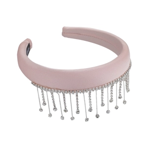 Elegant pink satin headband with sparkling silver rhinestone tassels for women