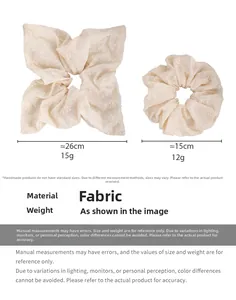 Size chart showing beige fabric scrunchies with floral embroidery details