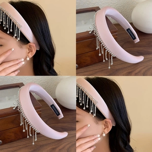 Pink handmade sponge headband with sparkling silver rhinestone fringe and tassels