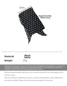 Detailed view of brown polka dot mesh scarf with dimensions 180cm by 23cm displayed