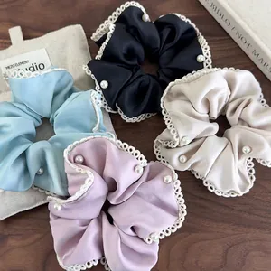 French Vintage Satin Scrunchies With Lace Trim And Faux Artificial Pearl Large Hair Ties For Women Elegant Satin Like Hair Accessories Sweet Headwear