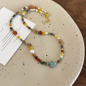 Collier en Künstliche Perles de Verre et Pierre Naturelle avec Künstliche Perles d'Imitation Fermoir en Alliage Style Bohème Bijoux Femme Longueur Réglable