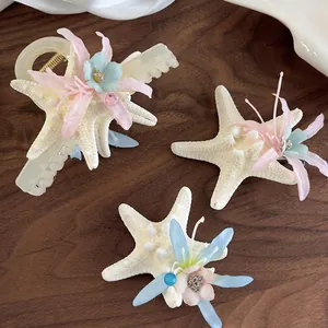 Starfish Flower Hair Clip Resin Acrylic Rhinestone Duckbill Clip Hair Claw Beach Vacation Travel Accessory For Women