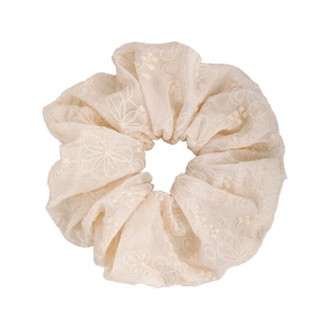 Elegant beige floral embroidery scrunchie made of lightweight sheer tulle fabric