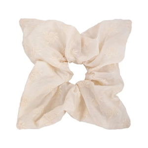 Elegant off-white embroidered floral scrunchie with pleated organza fabric texture